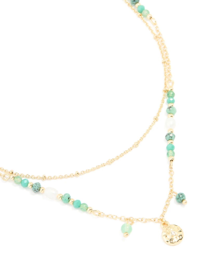 Gold Plated Aqua Beaded Semi Precious Stone & Disc Layered Necklace