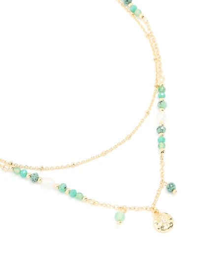 Gold Plated Aqua Beaded Semi Precious Stone & Disc Layered Necklace