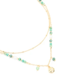 Gold Plated Aqua Beaded Semi Precious Stone & Disc Layered Necklace