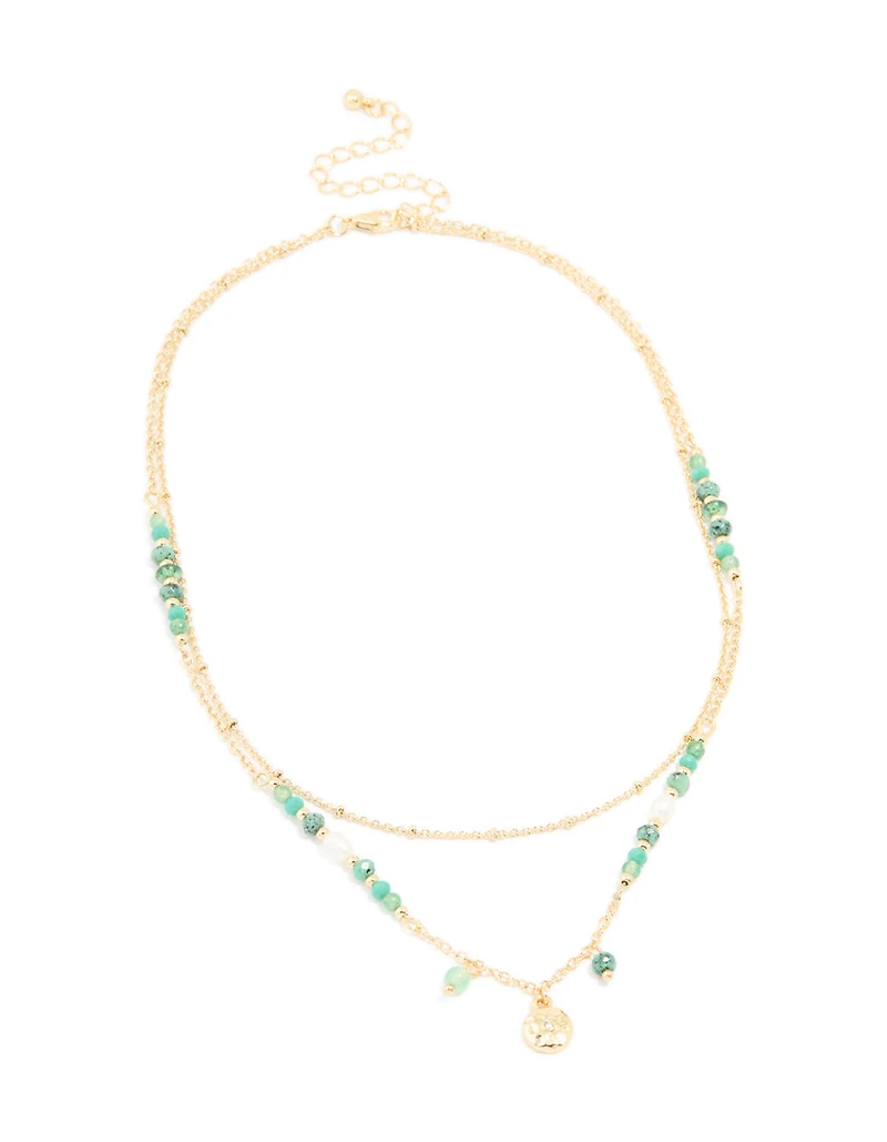 Gold Plated Aqua Beaded Semi Precious Stone & Disc Layered Necklace