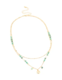 Gold Plated Aqua Beaded Semi Precious Stone & Disc Layered Necklace