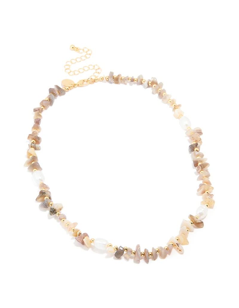 Gold Plated Mixed Semi Precious Stone Pearl Chip Necklace
