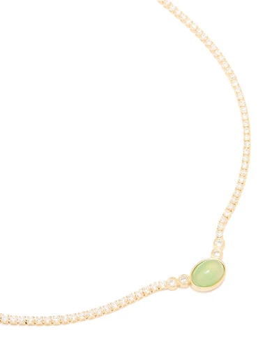 Gold Plated Cubic Zirconia Oval Green Semi Precious Stone Cup Chain Necklace