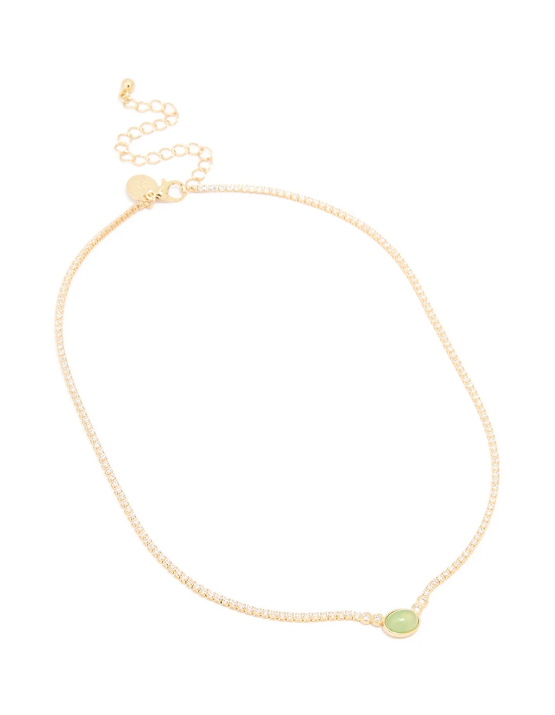 Gold Plated Cubic Zirconia Oval Green Semi Precious Stone Cup Chain Necklace
