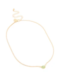 Gold Plated Cubic Zirconia Oval Green Semi Precious Stone Cup Chain Necklace