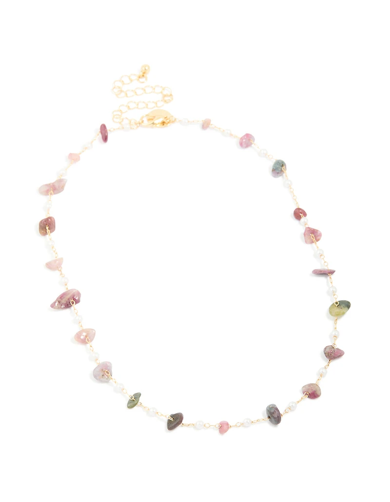 Gold Plated Semi Precious Stones & Pearls Alternating Necklace
