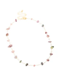 Gold Plated Semi Precious Stones & Pearls Alternating Necklace