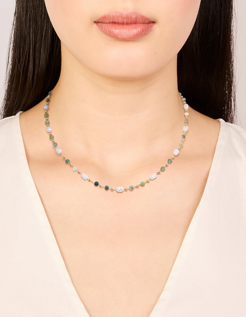 Gold Plated Green Semi Precious Stone & Pearl Necklace
