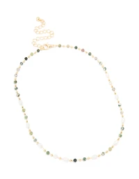 Gold Plated Green Semi Precious Stone & Pearl Necklace