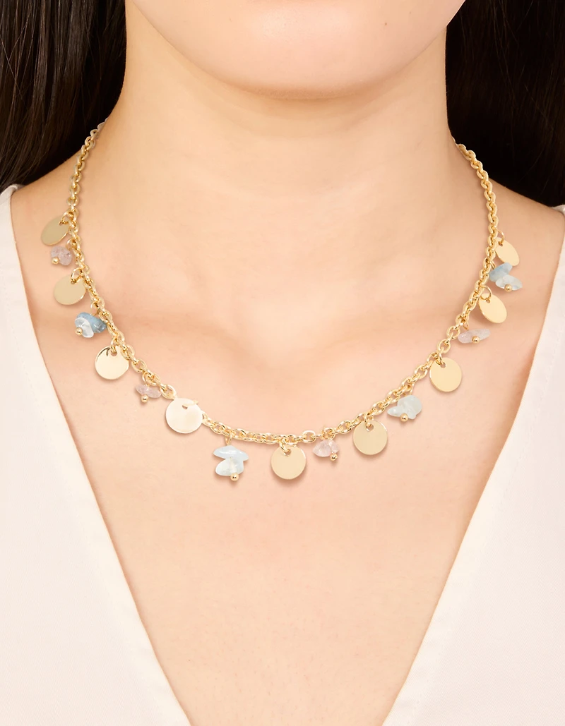 Gold Plated Multicoloured Semi Precious Stone Disc & Droplet Necklace