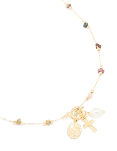 Gold Plated Multicoloured Semi Precious Stone Freshwater Pearl Cross Charm Necklace