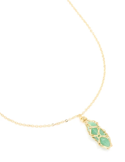Gold Plated Green Aventurine Wrapped Pendant Necklace