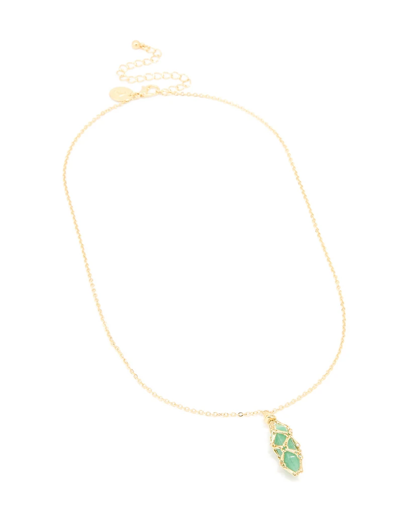 Gold Plated Green Aventurine Wrapped Pendant Necklace