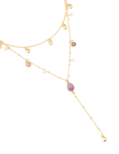 Gold Plated Multicoloured Semi Precious Stone Droplet Layered Y-Necklace