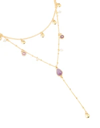 Gold Plated Multicoloured Semi Precious Stone Droplet Layered Y-Necklace