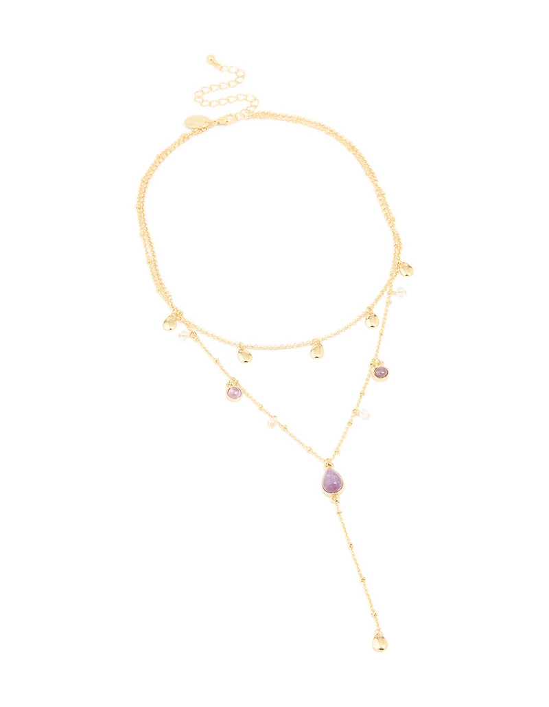 Gold Plated Multicoloured Semi Precious Stone Droplet Layered Y-Necklace