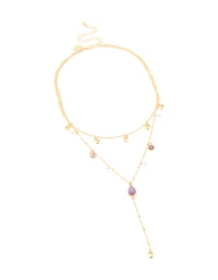 Gold Plated Multicoloured Semi Precious Stone Droplet Layered Y-Necklace