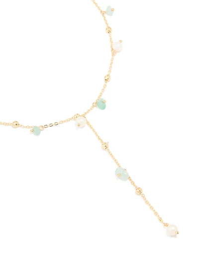 Gold Plated Freshwater Pearl & Green Semi Precious Stone Chip Y-Necklace