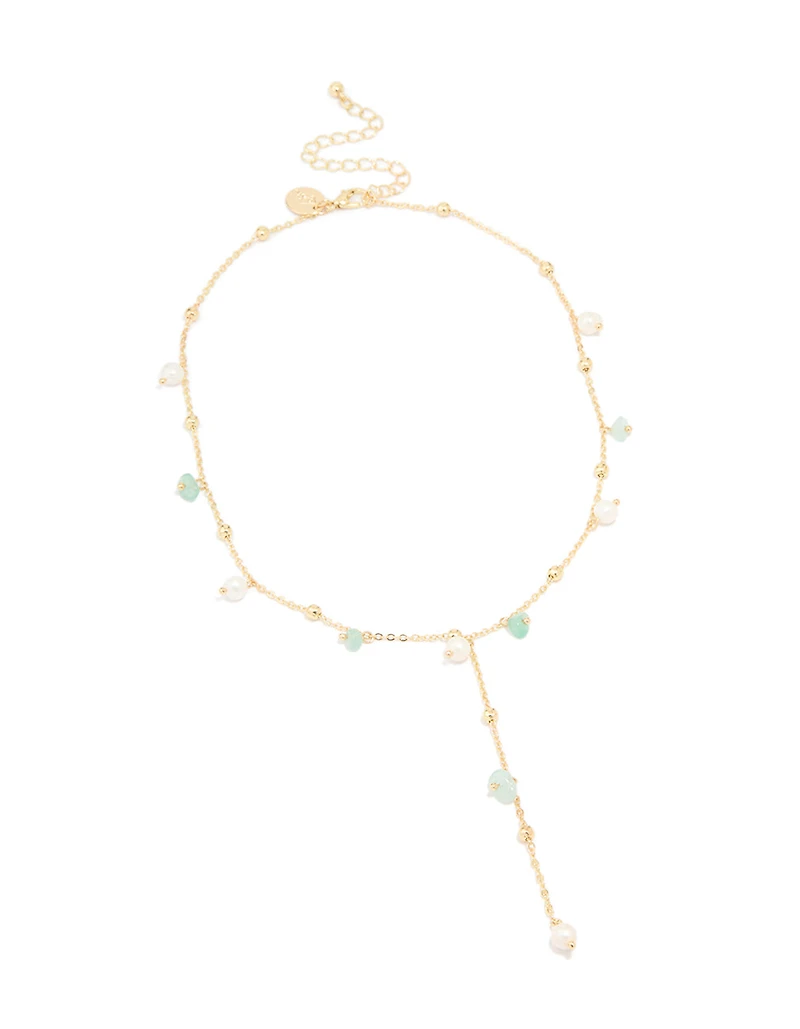 Gold Plated Freshwater Pearl & Green Semi Precious Stone Chip Y-Necklace