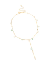 Gold Plated Freshwater Pearl & Green Semi Precious Stone Chip Y-Necklace
