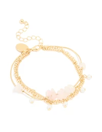 Gold Plated Rose Quartz & Pearl Chain Layered Bracelet