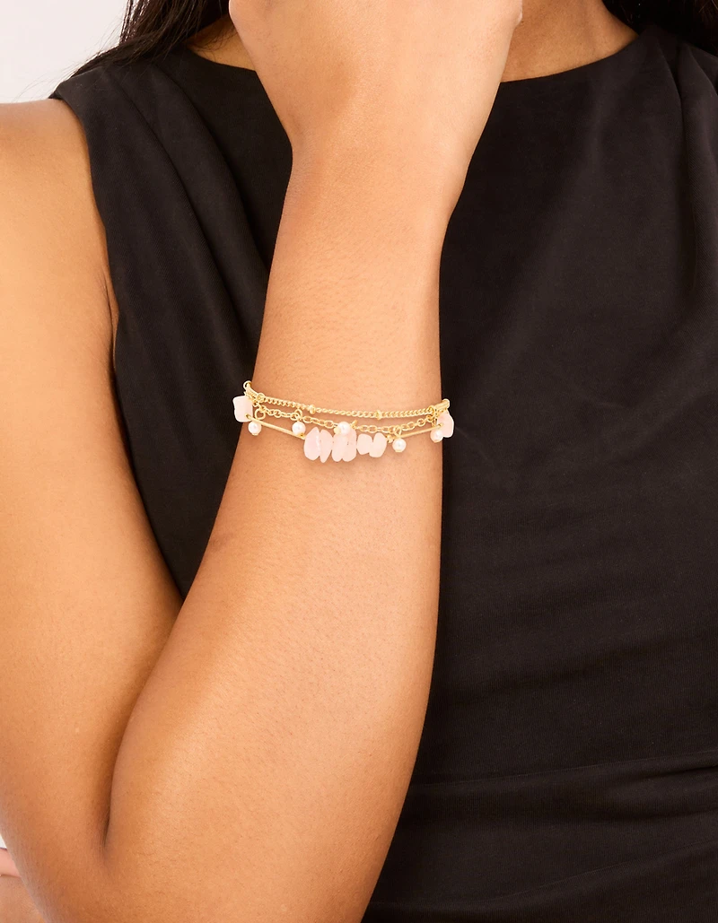 Gold Plated Rose Quartz & Pearl Chain Layered Bracelet