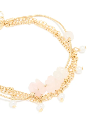 Gold Plated Rose Quartz & Pearl Chain Layered Bracelet