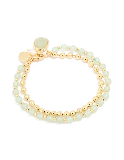 Gold Plated Green Semi Precious Stone Pearl & Ball Charm Layered Bracelet