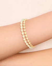 Gold Plated Green Semi Precious Stone Pearl & Ball Charm Layered Bracelet
