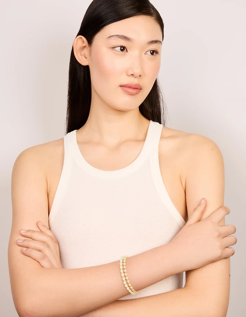 Gold Plated Green Semi Precious Stone Pearl & Ball Charm Layered Bracelet