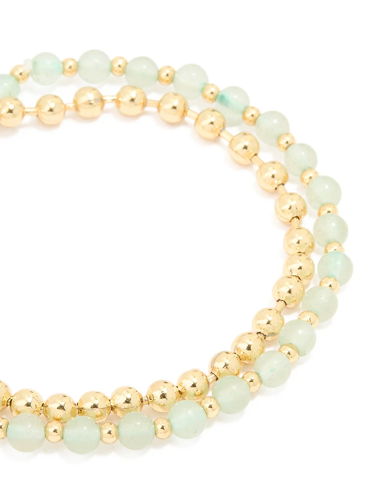 Bracelet en couches à pierres semi-précieuses vertes plaquées or avec perles et boule
