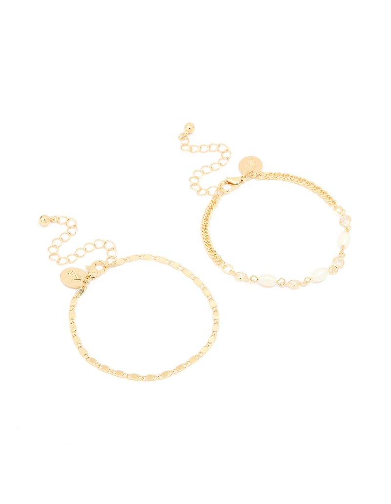 Gold Plated Freshwater Pearl Cubic Zirconia & Chain Bracelets 2-Pack