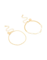 Gold Plated Freshwater Pearl Cubic Zirconia & Chain Bracelets 2-Pack