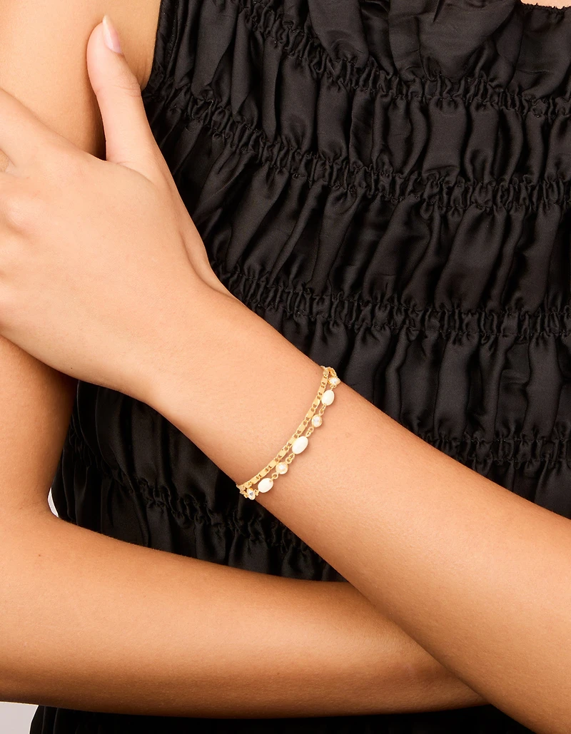 Gold Plated Freshwater Pearl Cubic Zirconia & Chain Bracelets 2-Pack