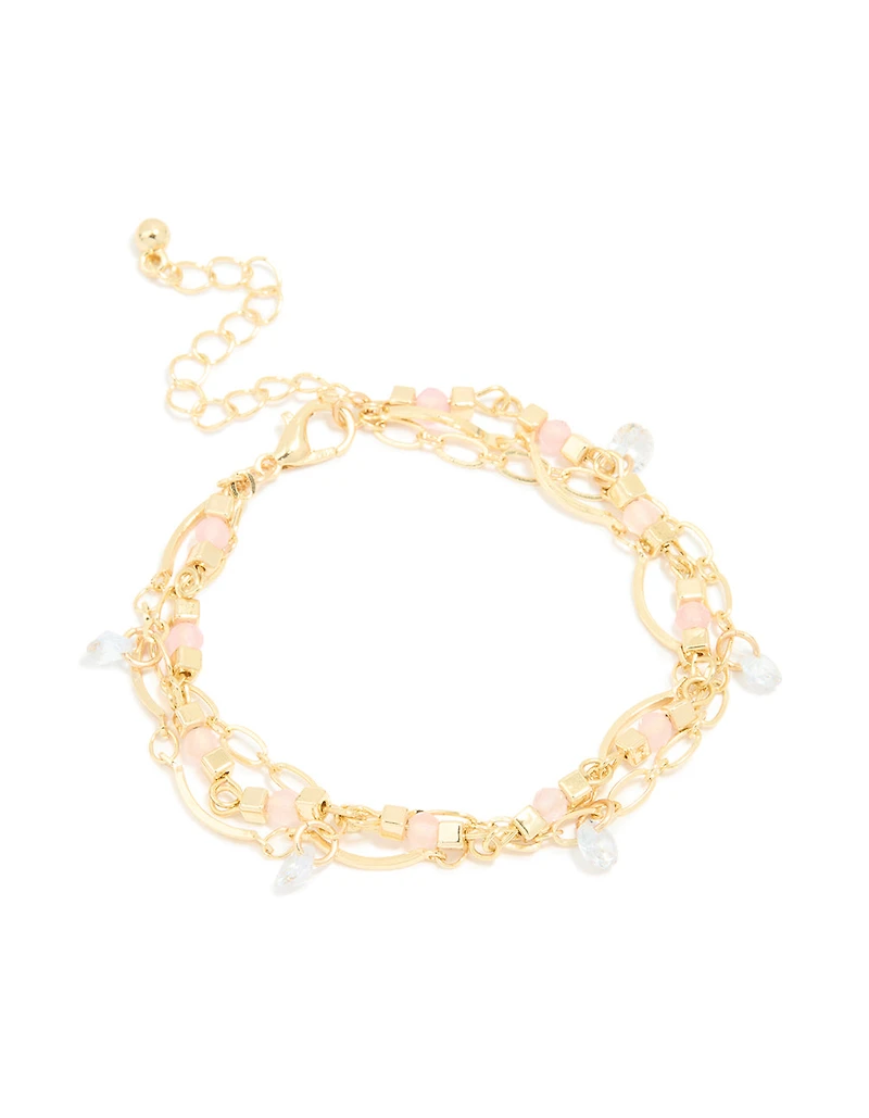 Gold Plated Rose Quartz & Pearl Layered Chain Bracelet