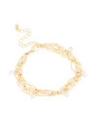 Gold Plated Rose Quartz & Pearl Layered Chain Bracelet