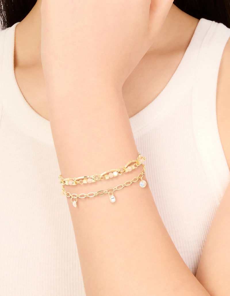 Gold Plated Rose Quartz & Pearl Layered Chain Bracelet