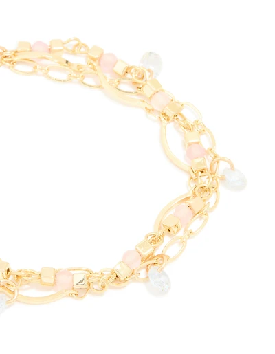 Gold Plated Rose Quartz & Pearl Layered Chain Bracelet
