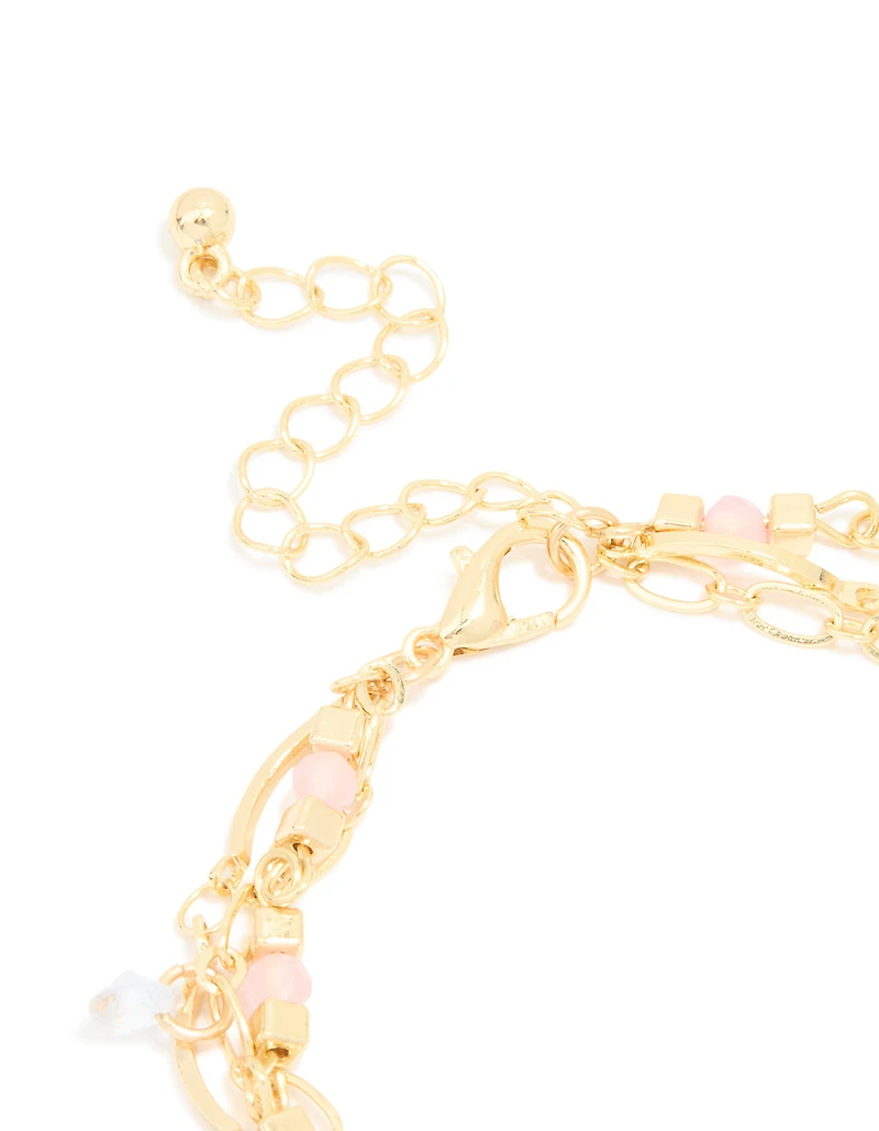 Gold Plated Rose Quartz & Pearl Layered Chain Bracelet