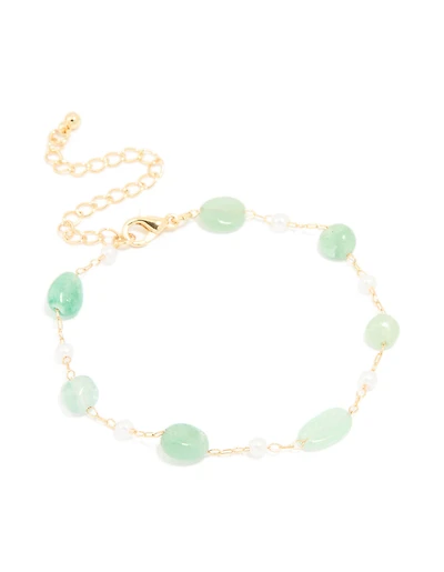 Gold Plated Green Semi Precious Stone & Mini Pearl Bracelet