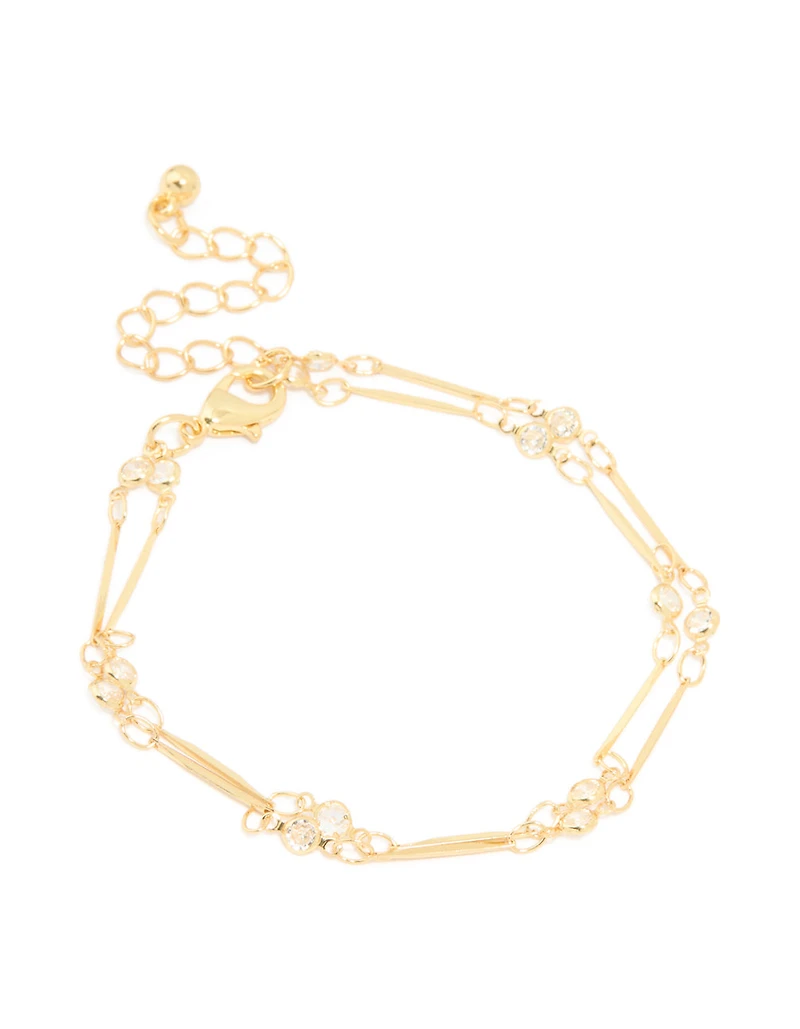 Gold Plated Cubic Zirconia & Bar Layered Bracelet