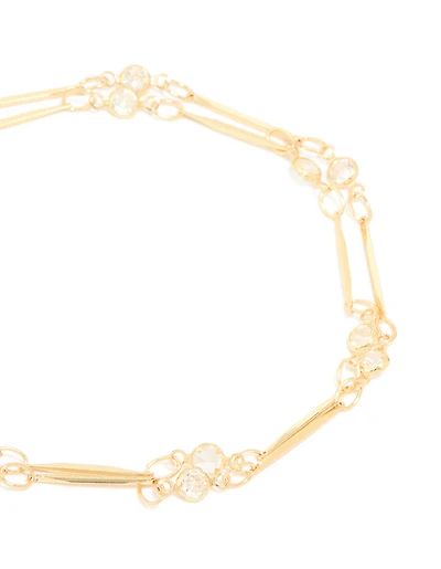 Gold Plated Cubic Zirconia & Bar Layered Bracelet