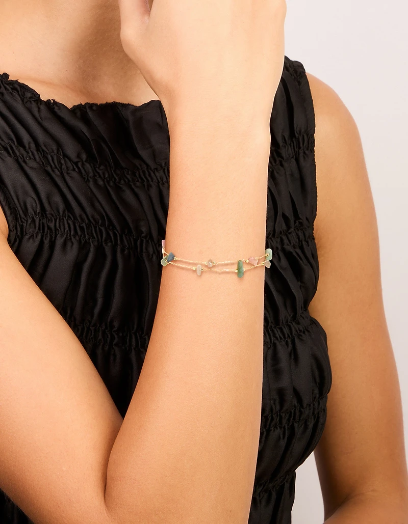 Gold Plated Multicoloured Semi Precious Stone Chip Layered Bracelet