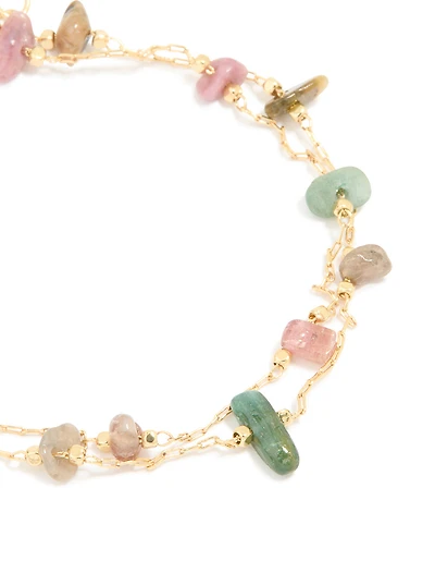 Gold Plated Multicoloured Semi Precious Stone Chip Layered Bracelet