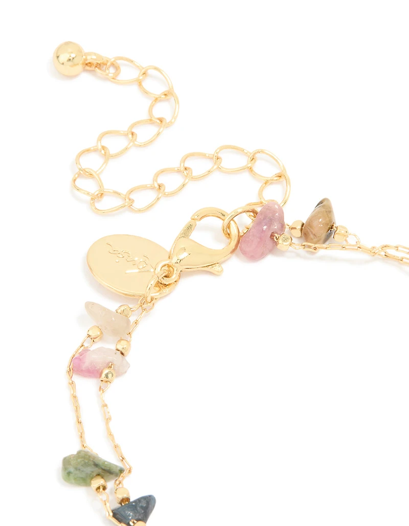 Gold Plated Multicoloured Semi Precious Stone Chip Layered Bracelet