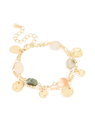 Gold Plated Beaded Semi Precious Stone & Disc Layered Bracelet