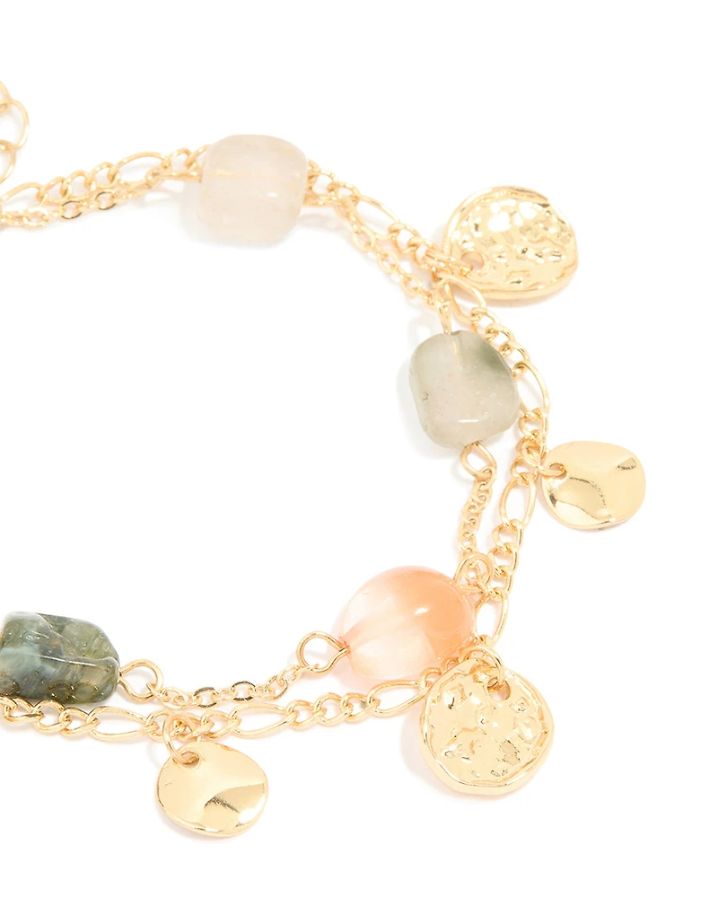 Gold Plated Beaded Semi Precious Stone & Disc Layered Bracelet