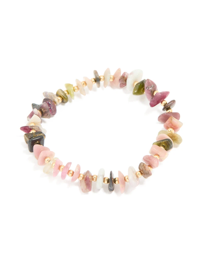 Gold Plated Multicoloured Semi Precious Stone Large Chip Stretch Bracelet