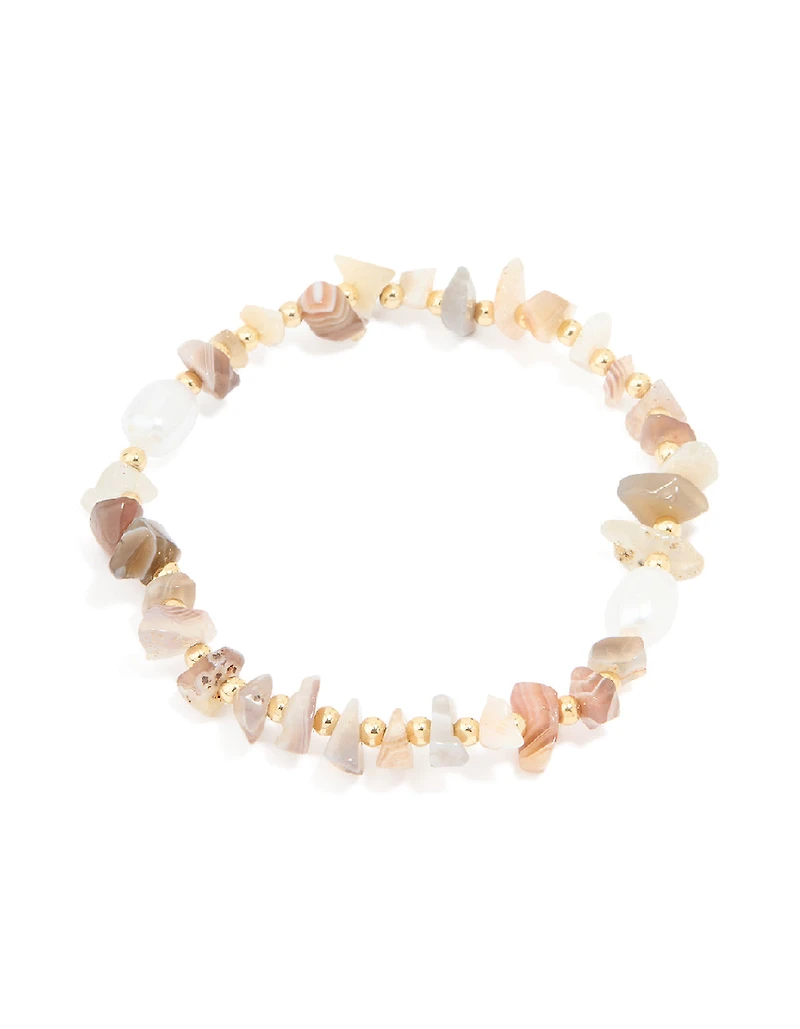 Gold Plated Mixed Semi Precious Stone & Pearl Stretch Bracelet