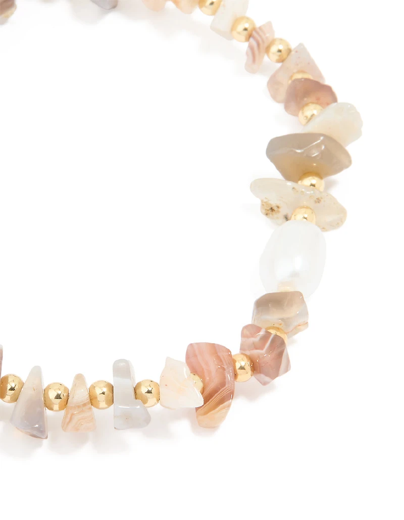 Gold Plated Mixed Semi Precious Stone & Pearl Stretch Bracelet